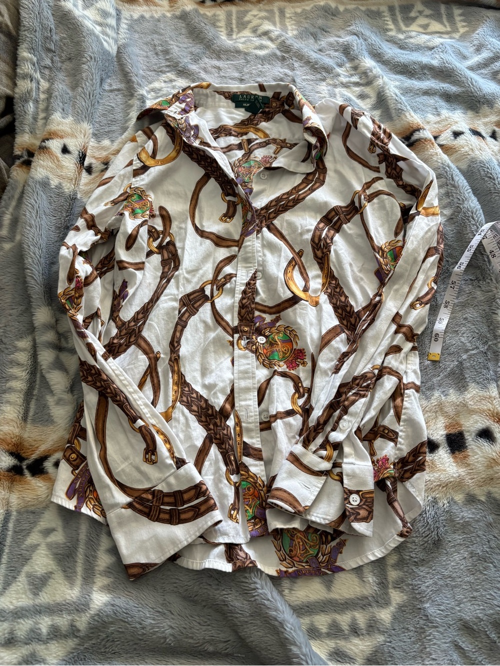 Ralph Lauren White Button-Down Shirt with Brown Belt & Gold Chain Motif